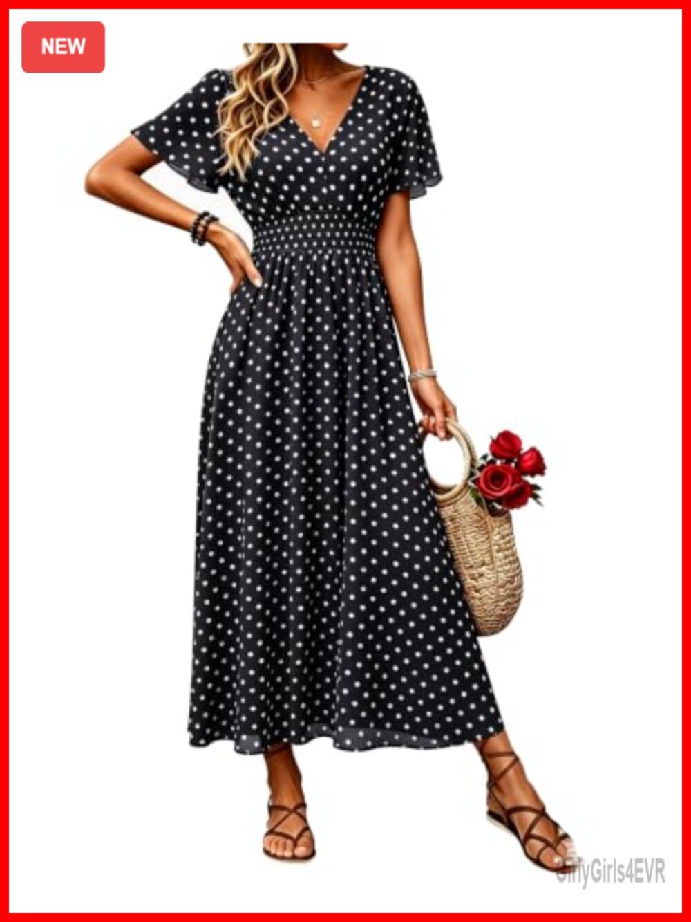 Women Chiffon Polka Dot Maxi Dress V-Neck Empire Waist Flutter Sleeve Pockets